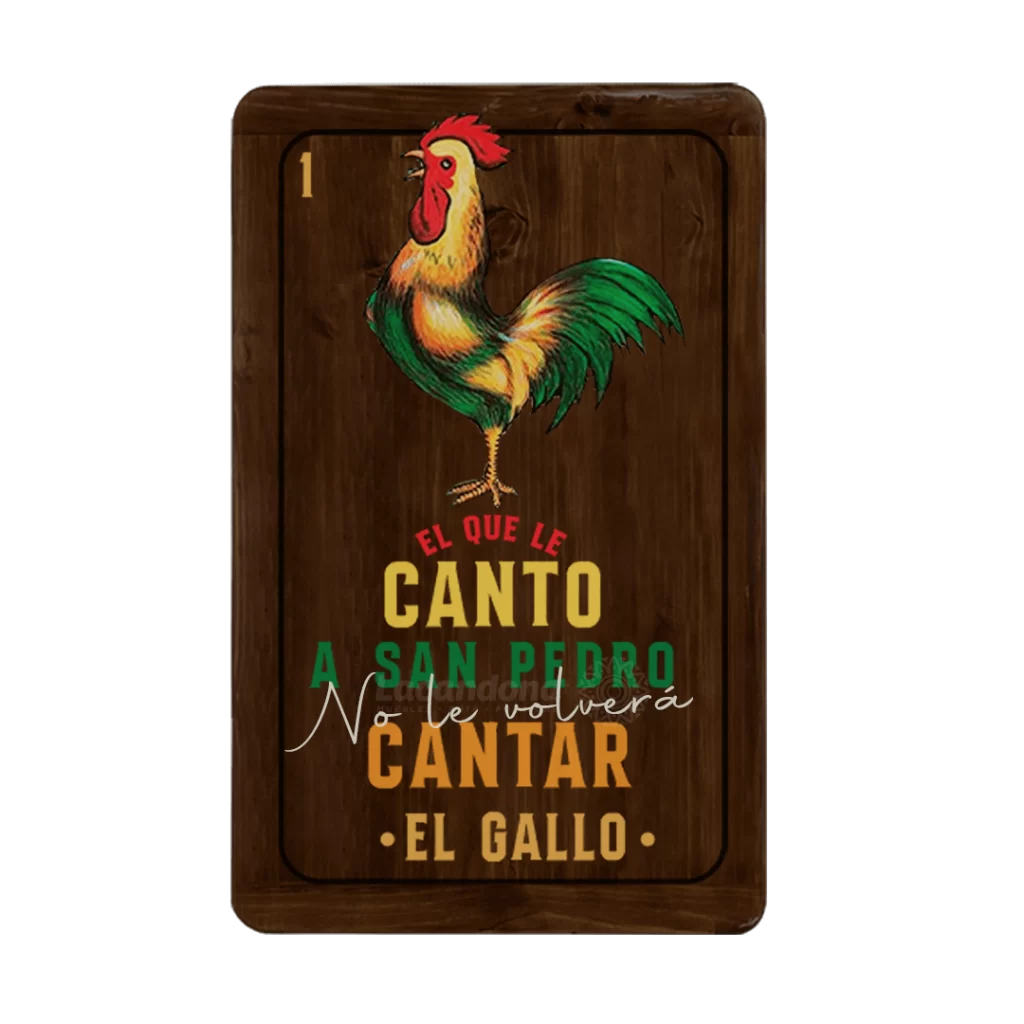 Cubierta con diseño de "El Gallo1" de Lotería con frase "El que le canto a San Pedro Cantar *EL GALLO* | Muebles Lacandona