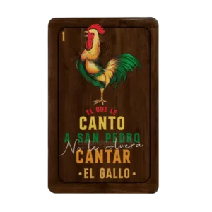 Cubierta con diseño de "El Gallo1" de Lotería con frase "El que le canto a San Pedro Cantar *EL GALLO* | Muebles Lacandona