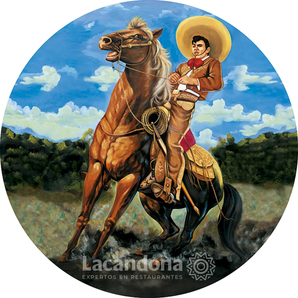 Mesa Redonda para Restaurante Motivo Mexicano, charro cabalgando a caballo, mesa para restaurante mexicano.